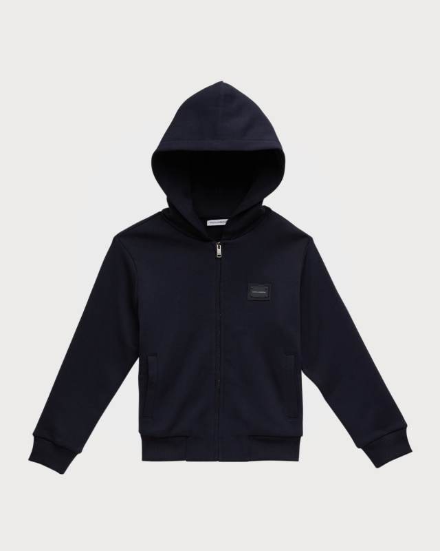 Boy's Logo-Plaque Zip-Front Hoodie, Size 4-6